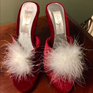 SEXY red bedroom heeled feather slippers